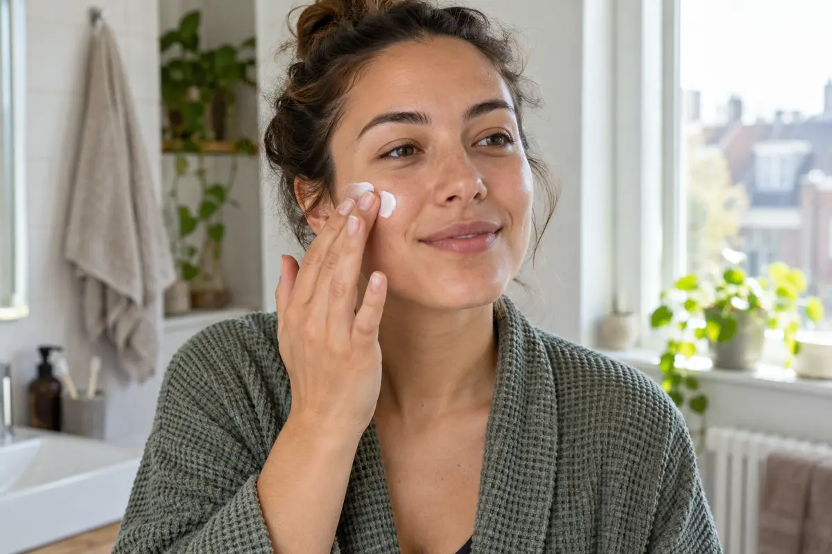 Een vrouw brengt zonnebrand aan op haar gezicht als ochtendroutine