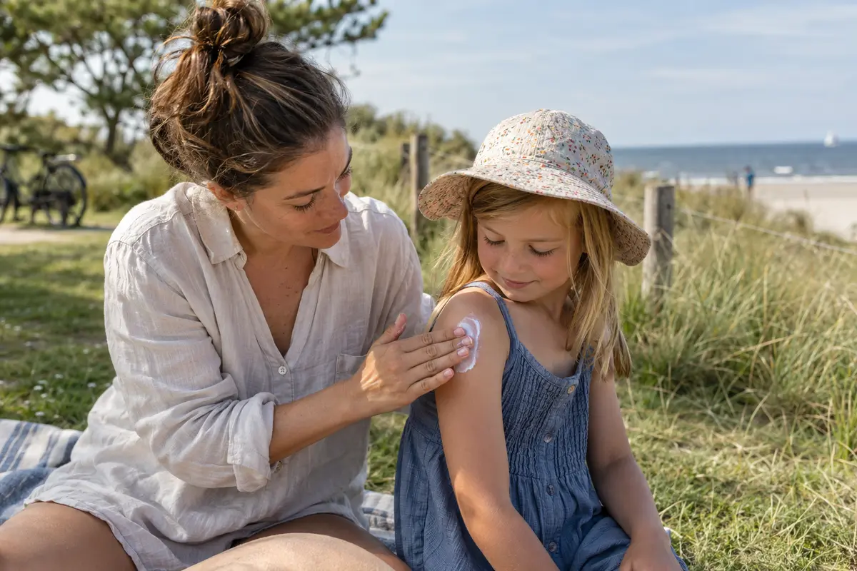 Een ouder smeert de schouder van een kind in bij de duinen