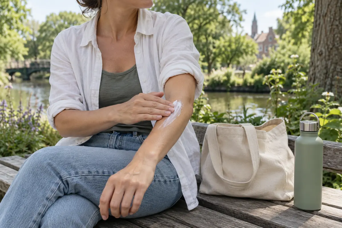 Iemand smeert buiten opnieuw zonnebrand op de onderarm